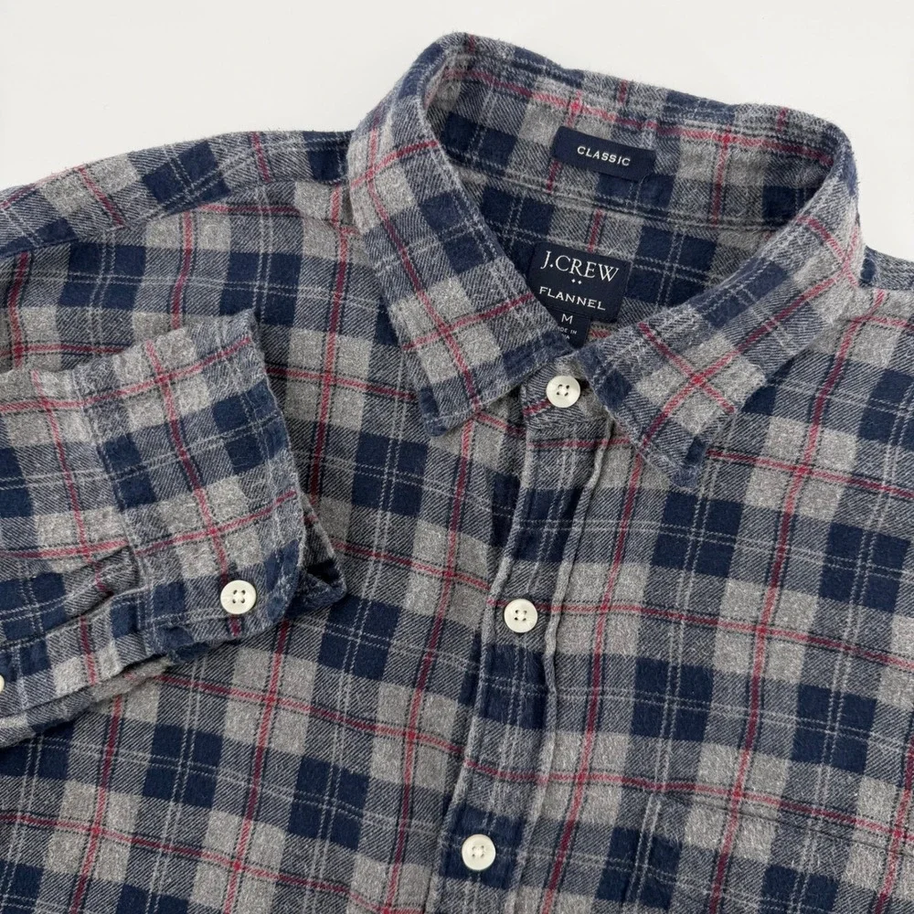J Crew Classic Flannel Plaid Button Down Shirt Mens Medium‎ Blue Gray Red